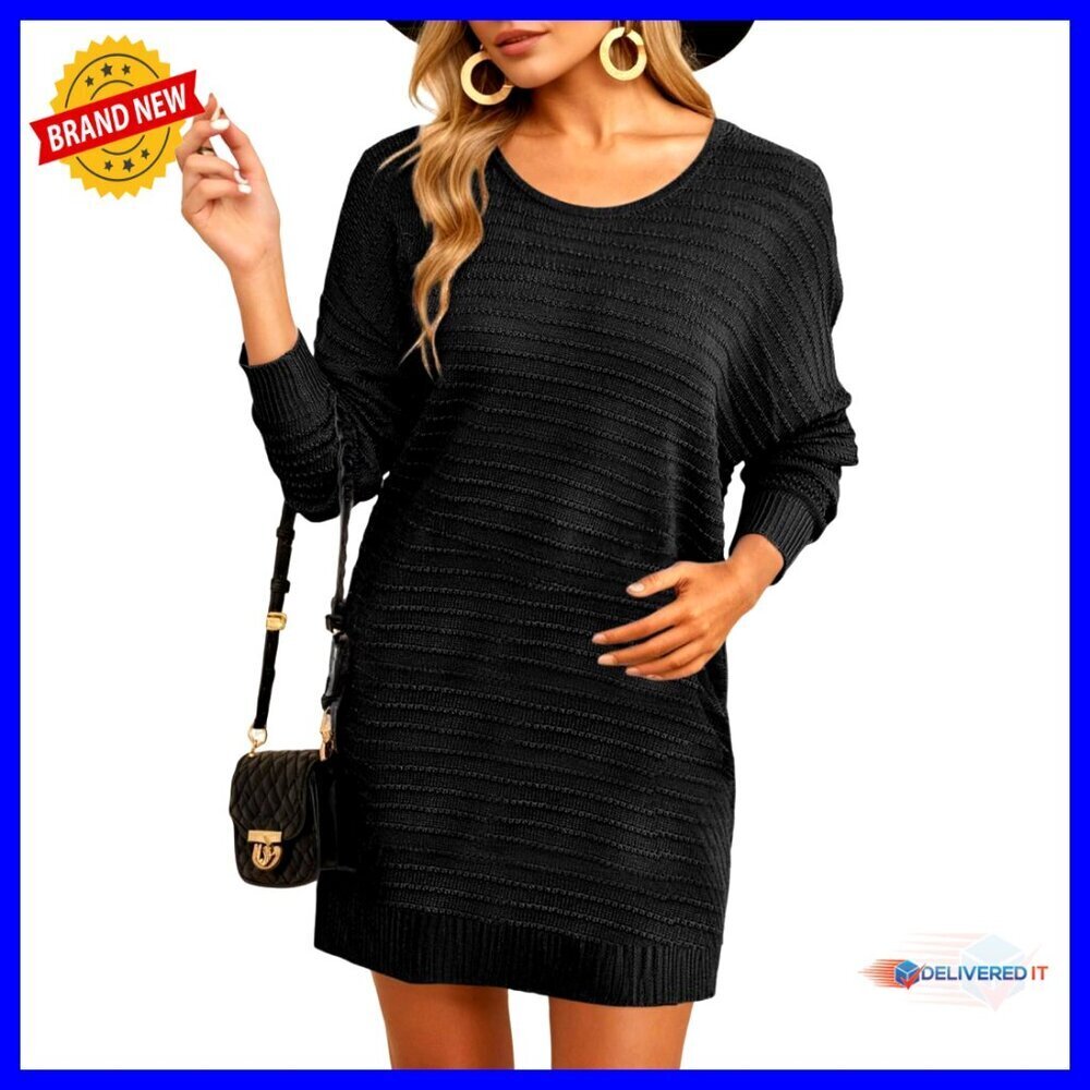 Textured Knit Sweater Dress Oversized Crewneck Long Sleeve Casual Chic Fall